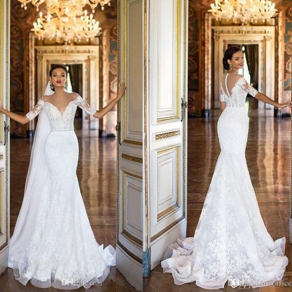 vintage mermaid wedding dresses 2019 full lace short capped sleeve sheer neck trumpet bridal gowns with beaded sash, White
vintage mermaid wedding dresses 2019 full lace short capped sleeve sheer neck trumpet bridal gowns with beaded sash, White