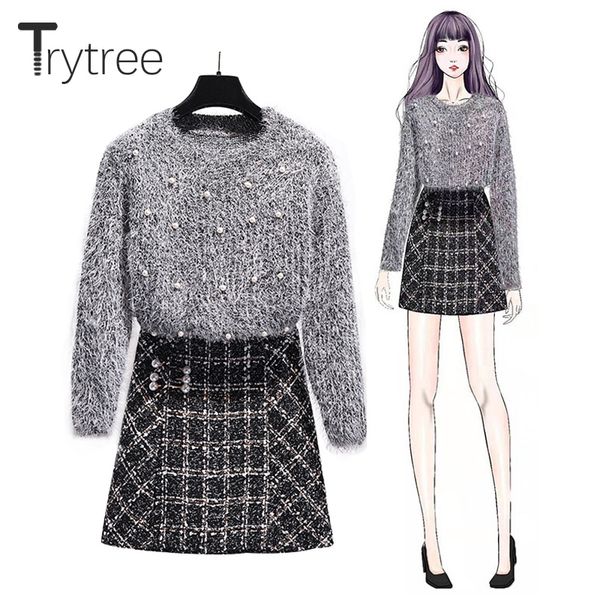 trytree autumn winter tow piece set casual fashion o-neck beading plush + skirt pearls plaid blends office lady 2 piece set, White
trytree autumn winter tow piece set casual fashion o-neck beading plush + skirt pearls plaid blends office lady 2 piece set, White
