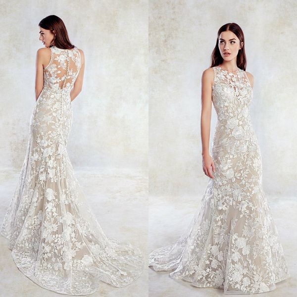 2019 lace mermaid wedding dresses sleeveless tulle sweep train beach wedding dress buttons back bridal gowns robe de mariée, White
2019 lace mermaid wedding dresses sleeveless tulle sweep train beach wedding dress buttons back bridal gowns robe de mariée, White