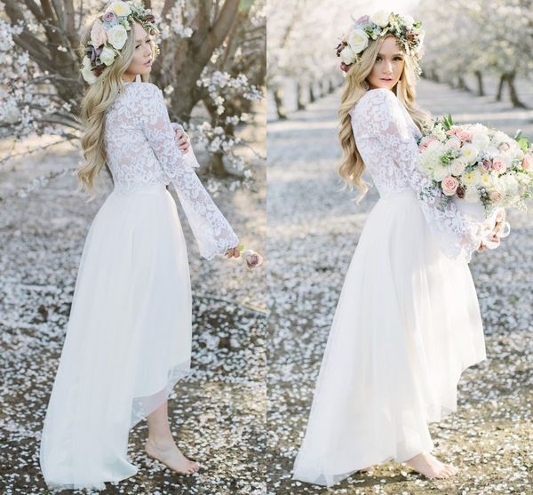 fashion two piece hi low wedding dresses jewel long juliet lace sleeves illusion a line tulle country new wedding bridal gowns cheap, White
fashion two piece hi low wedding dresses jewel long juliet lace sleeves illusion a line tulle country new wedding bridal gowns cheap, White