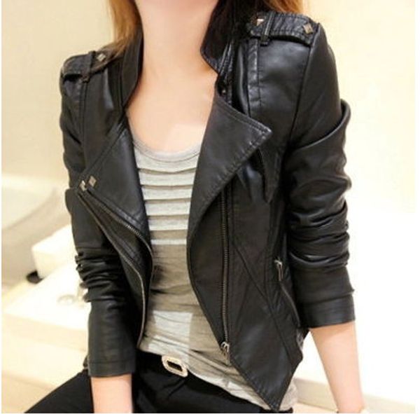 women's leather & faux pu motorcycle short slim large size coat small jacket tide womens biker, Black 
women's leather & faux pu motorcycle short slim large size coat small jacket tide womens biker, Black