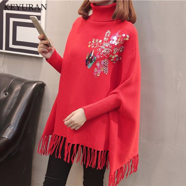 2019 autum winter new pullover sweater fringed shawl female sequins turtleneck loose bat long sleeve knit poncho coat l3746, Black
2019 autum winter new pullover sweater fringed shawl female sequins turtleneck loose bat long sleeve knit poncho coat l3746, Black
