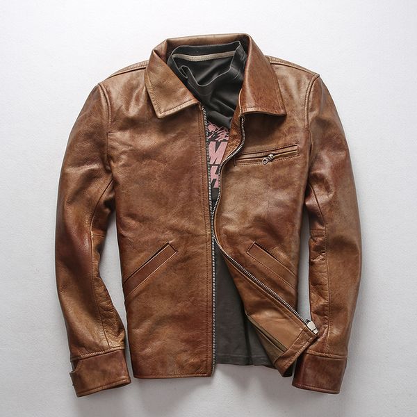 vintage oil men's wax cow turn down collar casual coat men simple style brown real leather jacket male, Black
vintage oil men's wax cow turn down collar casual coat men simple style brown real leather jacket male, Black