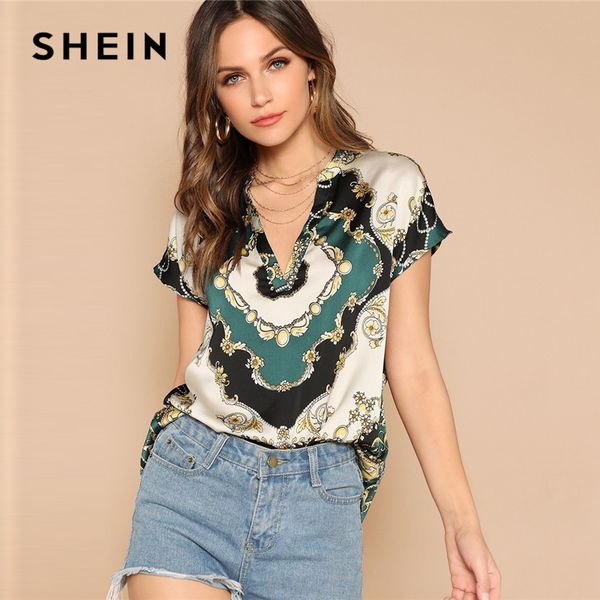 shein vintage multicolor curved hem scarf print v neck satin blouse women summer cap sleeve glamorous casual blouses, White
shein vintage multicolor curved hem scarf print v neck satin blouse women summer cap sleeve glamorous casual blouses, White