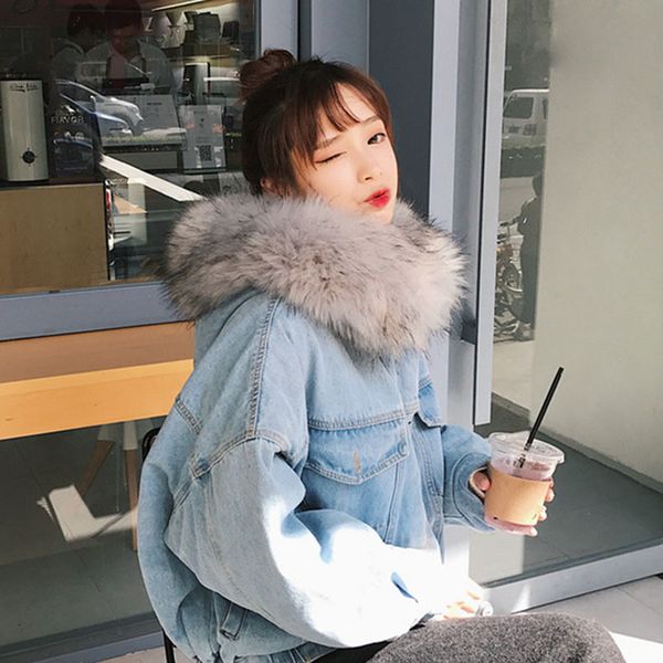 denim parka hooded big fur women 2018 new short loose casual wadded winter cute pink white grey fur collar cowboy jacket padded, Black
denim parka hooded big fur women 2018 new short loose casual wadded winter cute pink white grey fur collar cowboy jacket padded, Black
