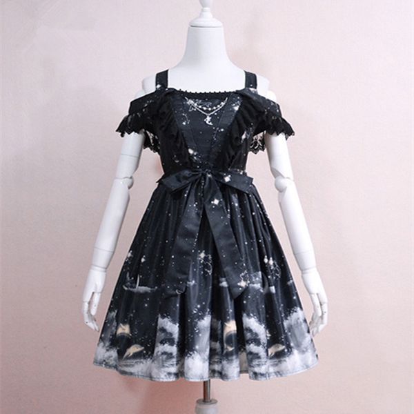 summer lolita dress female soft sister vintage darkness girl slim slash neck dress sweet black star moon dolphin print dresses, Black;pink 
summer lolita dress female soft sister vintage darkness girl slim slash neck dress sweet black star moon dolphin print dresses, Black;pink