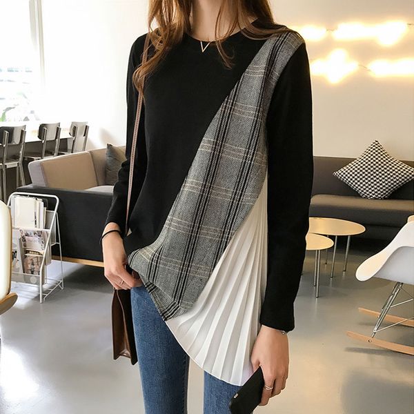 2019 autumn korean fashion stiching t-shirt long-sleeved pleated plaid t-shirt female loose o-neck women's shirt loose style top, White