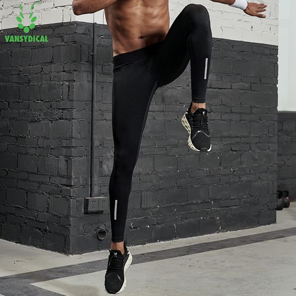 vansydical mens compression tights running pants stretchy fitness gym workout leggings tights outdoor reflective sports trousers, Black;blue