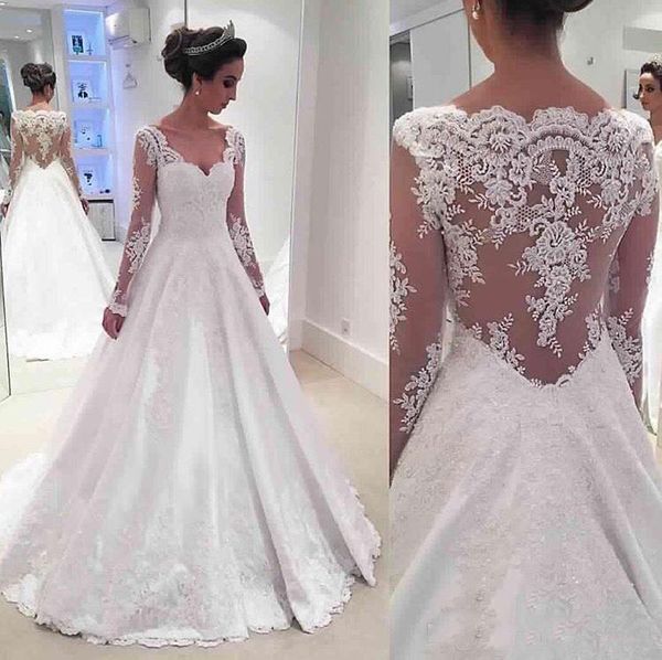 Charming V Neck Wedding Dresses A Line Lace Appliqued Beads Vestios De Novia Long Sleeves See Through Back Bridal Gowns with Sweep Train 
Charming V Neck Wedding Dresses A Line Lace Appliqued Beads Vestios De Novia Long Sleeves See Through Back Bridal Gowns with Sweep Train