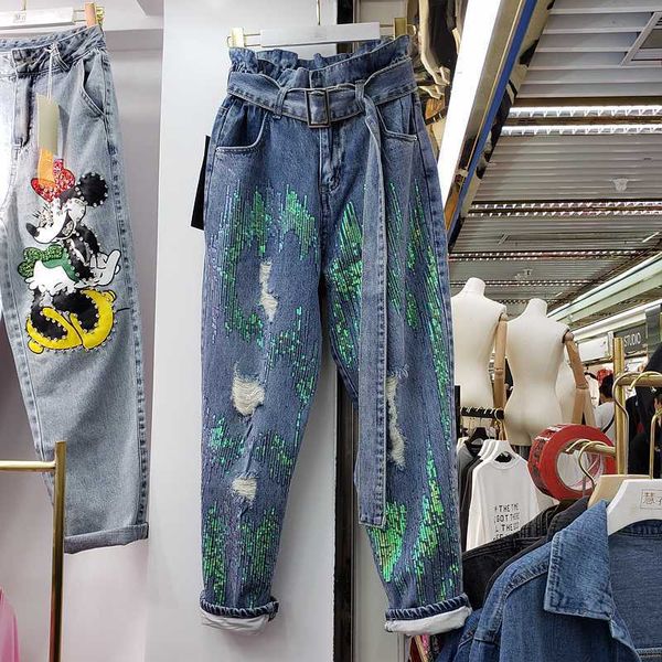 women's jeans loose women spring style bud elastic high waist industrial holes sequin harem pants jean, Blue
women's jeans loose women spring style bud elastic high waist industrial holes sequin harem pants jean, Blue
