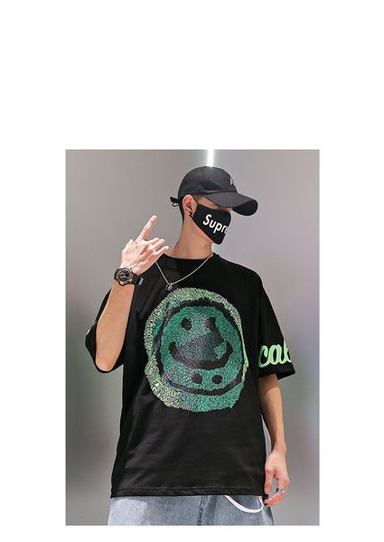 short sleeve t-shirt men's fashion brand ins summer sun flower smile face print loose hip hop national trend couple's suit half sl, White;black
short sleeve t-shirt men's fashion brand ins summer sun flower smile face print loose hip hop national trend couple's suit half sl, White;black