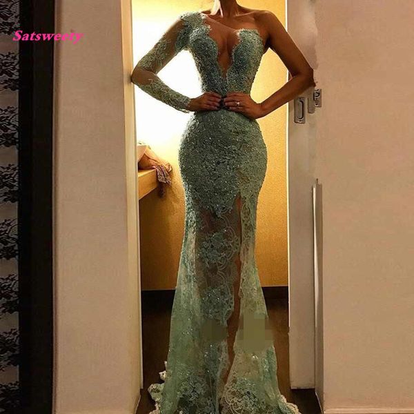 illusion lace mermaid prom dresses mint sparkle sequined beaded long prom gowns high side split one shoulder party dresses, Black
illusion lace mermaid prom dresses mint sparkle sequined beaded long prom gowns high side split one shoulder party dresses, Black