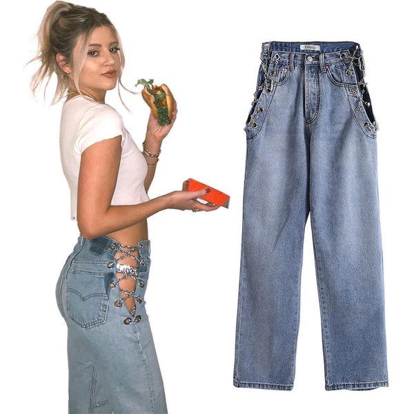 split high waist loose jeans for women heavy craft side slits cross straps metal chain jeans ladies new fashion personality all-match, Blue
split high waist loose jeans for women heavy craft side slits cross straps metal chain jeans ladies new fashion personality all-match, Blue
