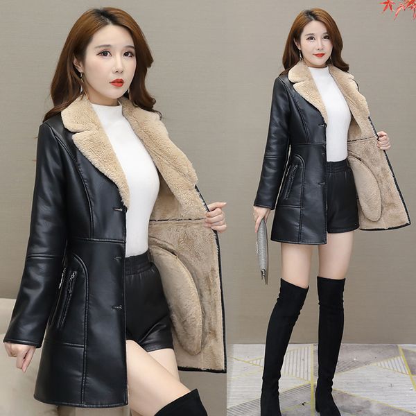 women's leather & faux mid-length korean version was thin and velvet thick pu windbreaker fur coat, Black
women's leather & faux mid-length korean version was thin and velvet thick pu windbreaker fur coat, Black