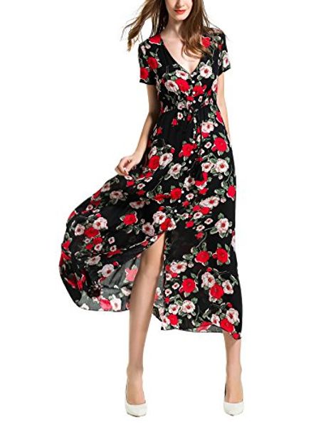 angelady bohemian women button up split floral print short sleeve beach maxi dress, Black;gray
angelady bohemian women button up split floral print short sleeve beach maxi dress, Black;gray