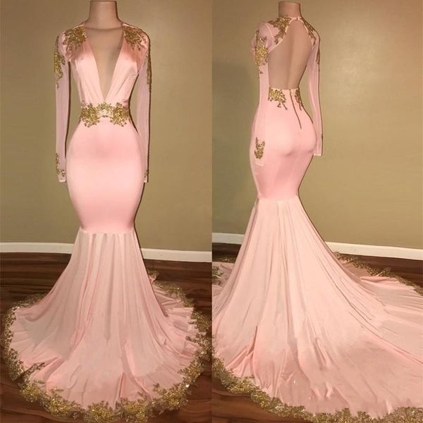 Pink Mermaid Prom Dresses With Gold Lace Appliqued Beads Long Sleeve Modest Evening Gowns Deep V Neck Sexy Backless Formal Party Dress
Pink Mermaid Prom Dresses With Gold Lace Appliqued Beads Long Sleeve Modest Evening Gowns Deep V Neck Sexy Backless Formal Party Dress