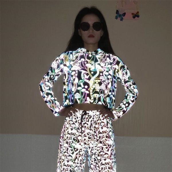 women cartoon mushroom tracksuits reflective rainbow with pattern holographic crop hoodie and shorts glow suit, Gray
women cartoon mushroom tracksuits reflective rainbow with pattern holographic crop hoodie and shorts glow suit, Gray