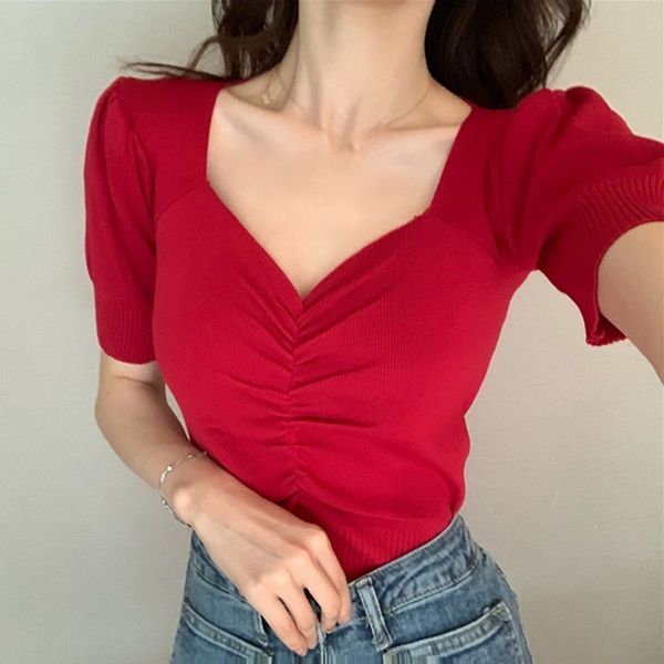 ladies short puff sleeve shirt women korean style v-neck slim solid color tee shirt femme high elastic knitted tee, White
ladies short puff sleeve shirt women korean style v-neck slim solid color tee shirt femme high elastic knitted tee, White