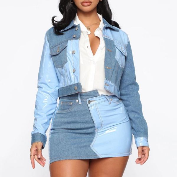two piece dress color block patchwork woman retro denim sets feminino short jacket coat and mini skirts causal women suits1, White
two piece dress color block patchwork woman retro denim sets feminino short jacket coat and mini skirts causal women suits1, White