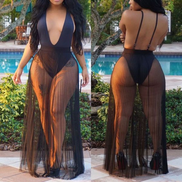 womens summer high waist perspective pleated maxi long skirt sheer mesh beach party solid color swimsuit cover up clubwear, Black
womens summer high waist perspective pleated maxi long skirt sheer mesh beach party solid color swimsuit cover up clubwear, Black