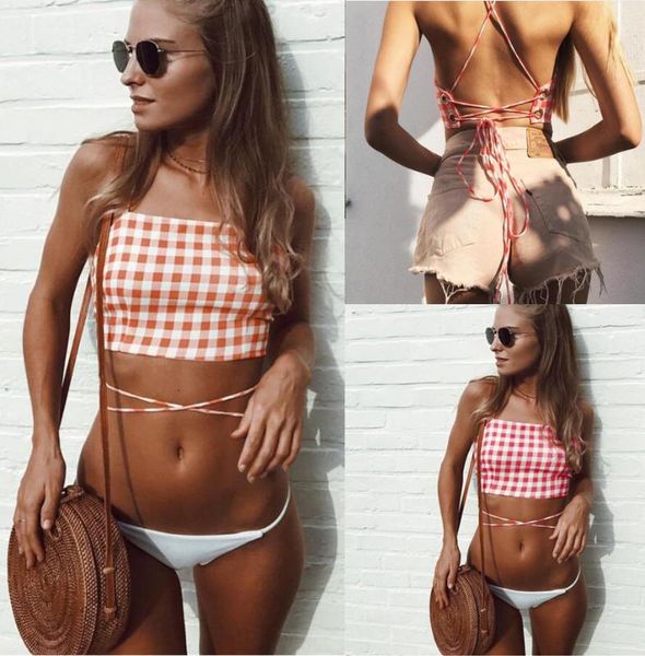 2 color grid print strapless cross lacing white thong two piece woman swimsuit bikini female swimwear beachwear bathingsuit
2 color grid print strapless cross lacing white thong two piece woman swimsuit bikini female swimwear beachwear bathingsuit