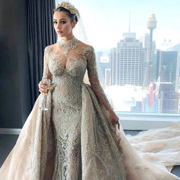 luxury champagne lace wedding dresses with detachable train lace applique high collar full sleeves beaded muslim kaftan bridal gowns, White
luxury champagne lace wedding dresses with detachable train lace applique high collar full sleeves beaded muslim kaftan bridal gowns, White