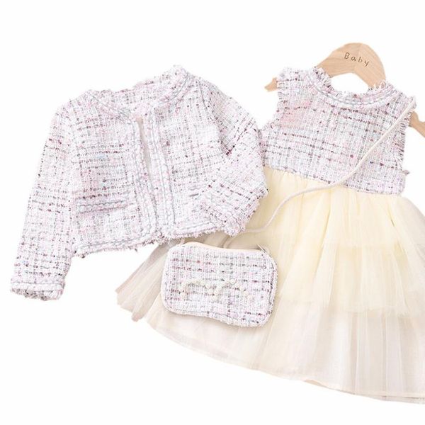 england style toddler girls two piece outfits kids clothing sets tweed cardigan+vest dress with bag girls clothes, White 
england style toddler girls two piece outfits kids clothing sets tweed cardigan+vest dress with bag girls clothes, White