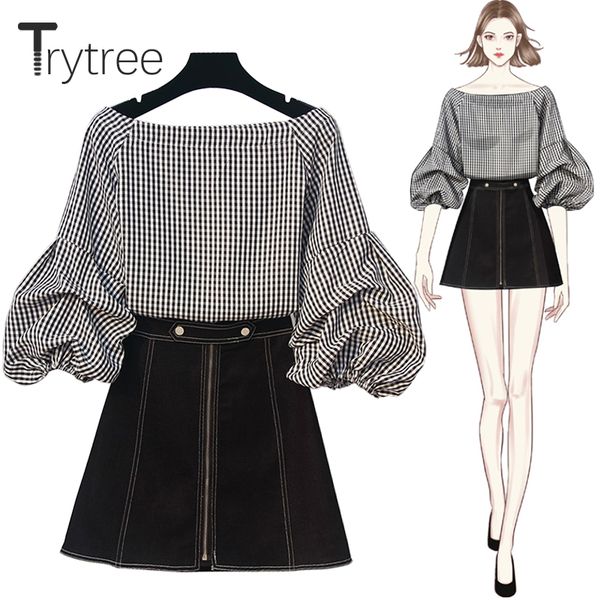 trytree summer autumn women two piece set casual plaid slash neck + skirt denim mini skirt female suit set 2 piece, Gray
trytree summer autumn women two piece set casual plaid slash neck + skirt denim mini skirt female suit set 2 piece, Gray