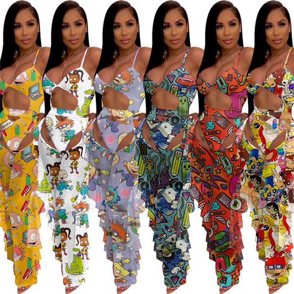 women 2 piece set hollow out clubwear spaghetti strap jumpsuit+ruffle leggings fashion summer clothing cartoon print mesh suits 3114, White
women 2 piece set hollow out clubwear spaghetti strap jumpsuit+ruffle leggings fashion summer clothing cartoon print mesh suits 3114, White