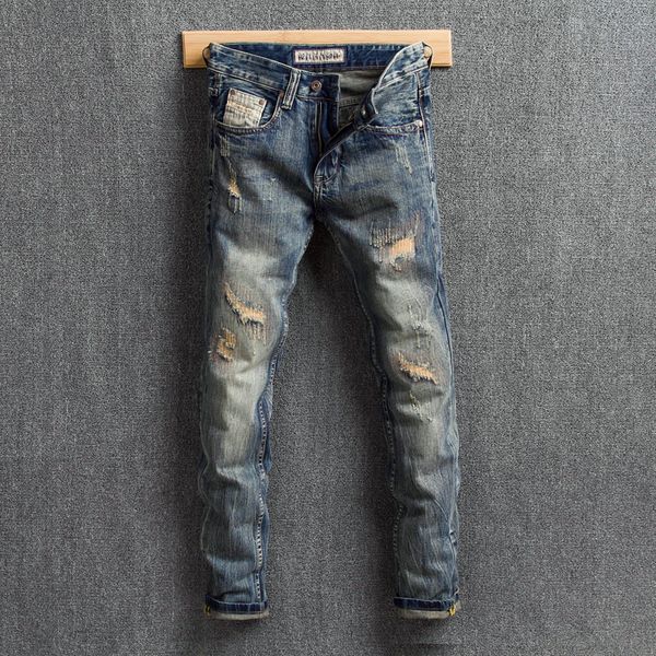 vintage designer men jeans retro wash slim destroyed ripped jeans men denim distressed pants embroidery patchwork hip hop, Blue
vintage designer men jeans retro wash slim destroyed ripped jeans men denim distressed pants embroidery patchwork hip hop, Blue