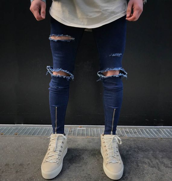 2017 knee hole ripped men's skinny jeans hip hop bottom zipper stretch denim punk rap pants biker motorcycle men jeans, Blue
2017 knee hole ripped men's skinny jeans hip hop bottom zipper stretch denim punk rap pants biker motorcycle men jeans, Blue