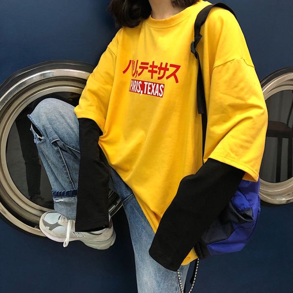 2019 spring harajuku japanese vintage long sleeve t-shirt for women tshirts streetwear fake 2 piece yellow t-shirts female, White
2019 spring harajuku japanese vintage long sleeve t-shirt for women tshirts streetwear fake 2 piece yellow t-shirts female, White