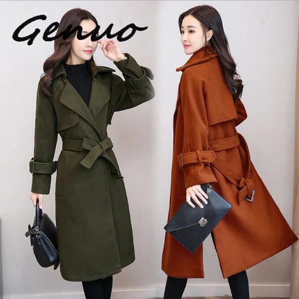genuo new full length sleeve turn down collar long wool coat with belt women's autumn winter slim woolen jacket high quality, Black
genuo new full length sleeve turn down collar long wool coat with belt women's autumn winter slim woolen jacket high quality, Black