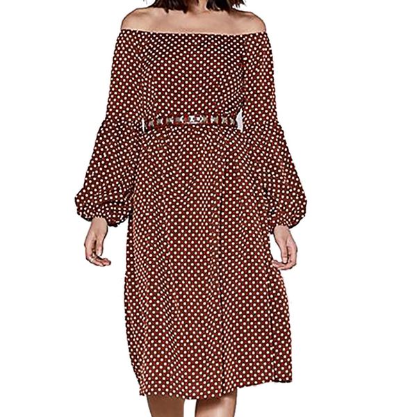 

winter fashion party dress women plus size vintage dot slash neck long lantern sleeve casual loose dresses women clothes 2019, Black;gray