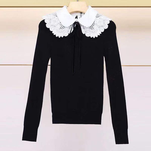 women knitted sweater lace patchwork bow long sleeve knitwear autumn winter lady knitted pullover, White;black
women knitted sweater lace patchwork bow long sleeve knitwear autumn winter lady knitted pullover, White;black