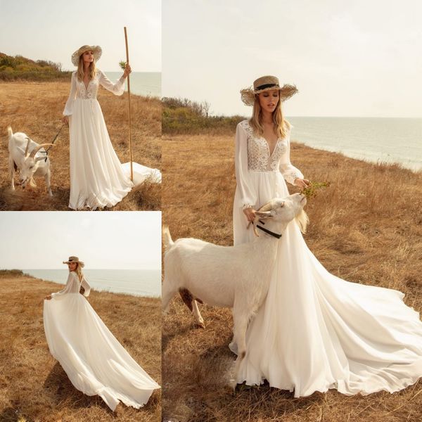 2020 chiffon boho wedding dresses long sleeves lace v newck sweep train beach wedding gowns modest vestido de noiva, White
2020 chiffon boho wedding dresses long sleeves lace v newck sweep train beach wedding gowns modest vestido de noiva, White