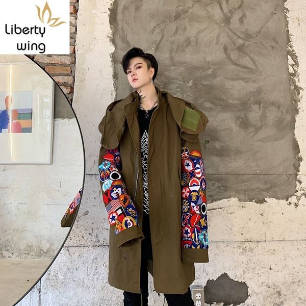 new embroidery mens stand collar hooded trench casual oversize loose male medium length coats, Tan;black
new embroidery mens stand collar hooded trench casual oversize loose male medium length coats, Tan;black