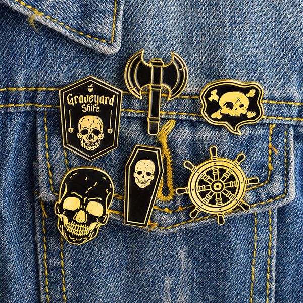 

miss zoe punk skeleton pirate nautical compass ax skull coffin enamel pin badge brooch women's men shirt denim jacket pin, Gray