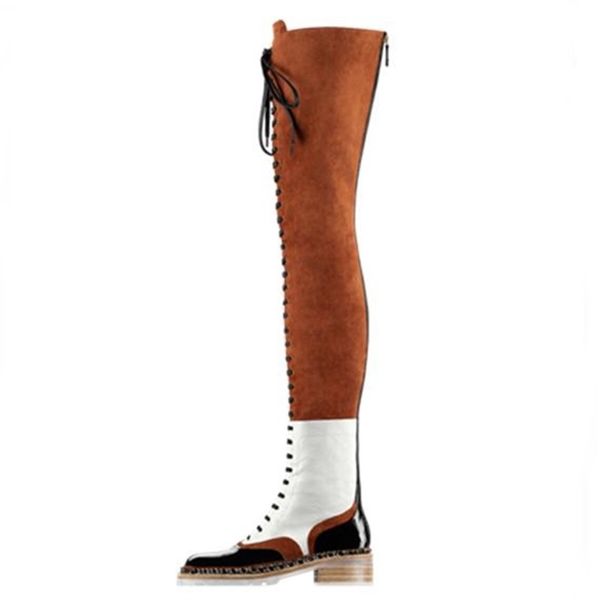 selling brown leather lace-up flat chains boot round toe flats over the knee boots for women tight high sandals boots, Black
selling brown leather lace-up flat chains boot round toe flats over the knee boots for women tight high sandals boots, Black