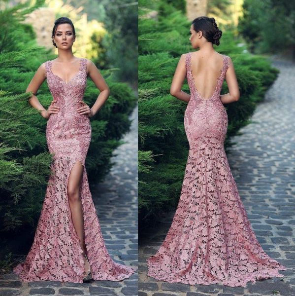 dusty rose mermaid lace backless prom dresses 2019 v neck side split formal full lace evening gowns floor length custom made celebrity gowns 
dusty rose mermaid lace backless prom dresses 2019 v neck side split formal full lace evening gowns floor length custom made celebrity gowns