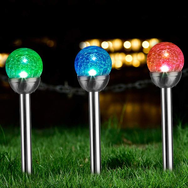 Solar Pathway Stake Lights Crackle Glass Globe Solar Lights Outdoor Color Changing Stainless Steel Solar Garden Lights