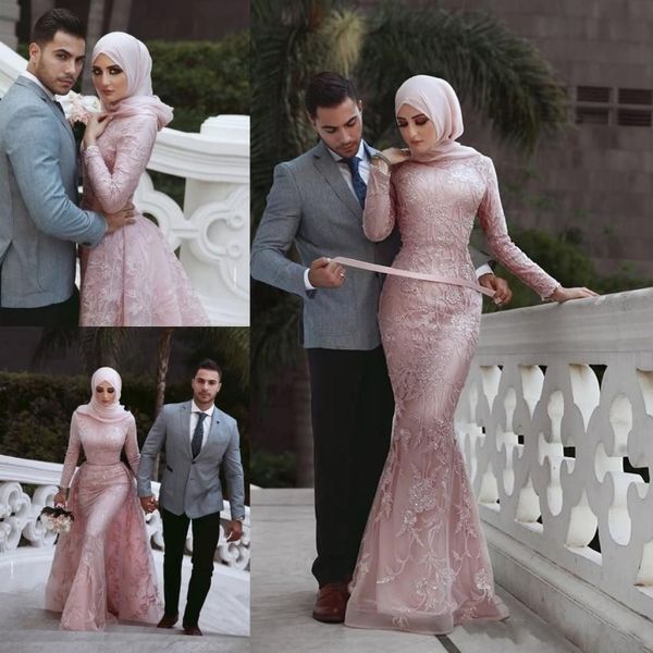 Vintage Long Sleeves Pink Mermaid Wedding Dresses Arabic Dubai Muslim Bridal Gowns With Detachable Train Appliques Sequins Wedding Gowns 
Vintage Long Sleeves Pink Mermaid Wedding Dresses Arabic Dubai Muslim Bridal Gowns With Detachable Train Appliques Sequins Wedding Gowns