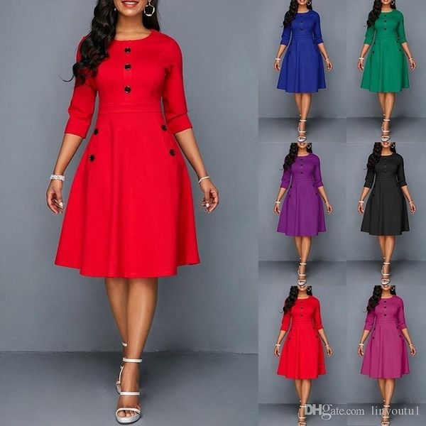 button o-neck sashes high waist plus size 2xl dress women casual evening party elegant femme dress seven-point sleeves waist a-line dress, Black;gray
button o-neck sashes high waist plus size 2xl dress women casual evening party elegant femme dress seven-point sleeves waist a-line dress, Black;gray