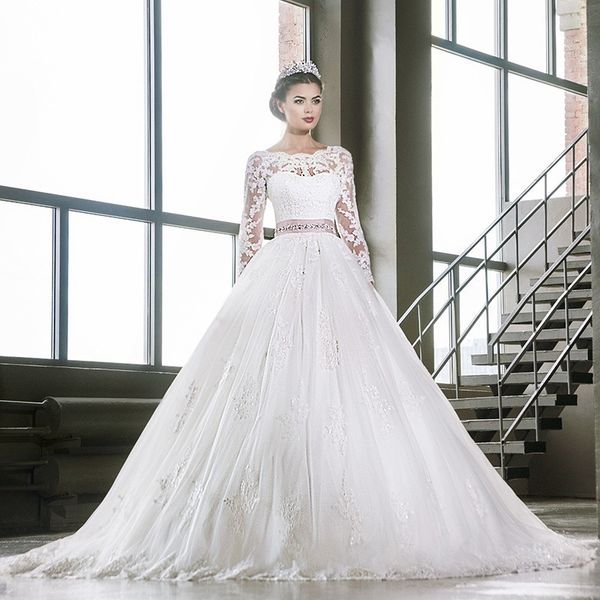long sleeves wedding dresses with lace appliques 2019 button back bridal gowns with court train robe de mariee, White
long sleeves wedding dresses with lace appliques 2019 button back bridal gowns with court train robe de mariee, White
