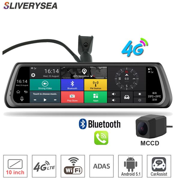 sliverysea 10" full touch ips 4g car dvr camera android mirror gps bluetooth wifi adas car assist dual lens dash cam #b1273