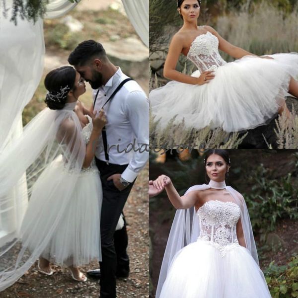 tea length strapless wedding dresses puffy tulle pearls applique petite fairytale country bridal gowns short beach wedding dress, White
tea length strapless wedding dresses puffy tulle pearls applique petite fairytale country bridal gowns short beach wedding dress, White