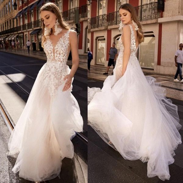 berta backless boho wedding dresses 2019 lace plunging v neck a line beach bridals gown sweep train tulle bohemian wedding dress with floral, White
berta backless boho wedding dresses 2019 lace plunging v neck a line beach bridals gown sweep train tulle bohemian wedding dress with floral, White
