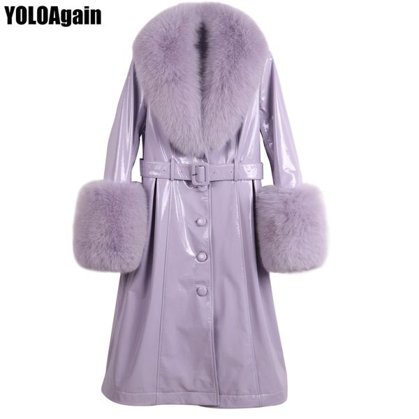 yoloagain women long genuine leather coat ladies single breasted fox fur collar real leather trench, Black
yoloagain women long genuine leather coat ladies single breasted fox fur collar real leather trench, Black