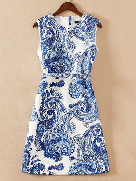 vintage blue and white print women a-line dress round neck sleevelss casual dresses with belt, Black;gray
vintage blue and white print women a-line dress round neck sleevelss casual dresses with belt, Black;gray