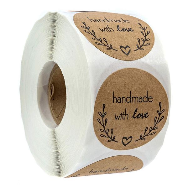 

1 inch round natural kraft olive branch handmade with love stickers / 500 labels per roll